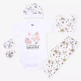 5 Piece Cotton Poplin Set for Infant Girls - Romper, Pyjama, Cap, Mittens, and Bib