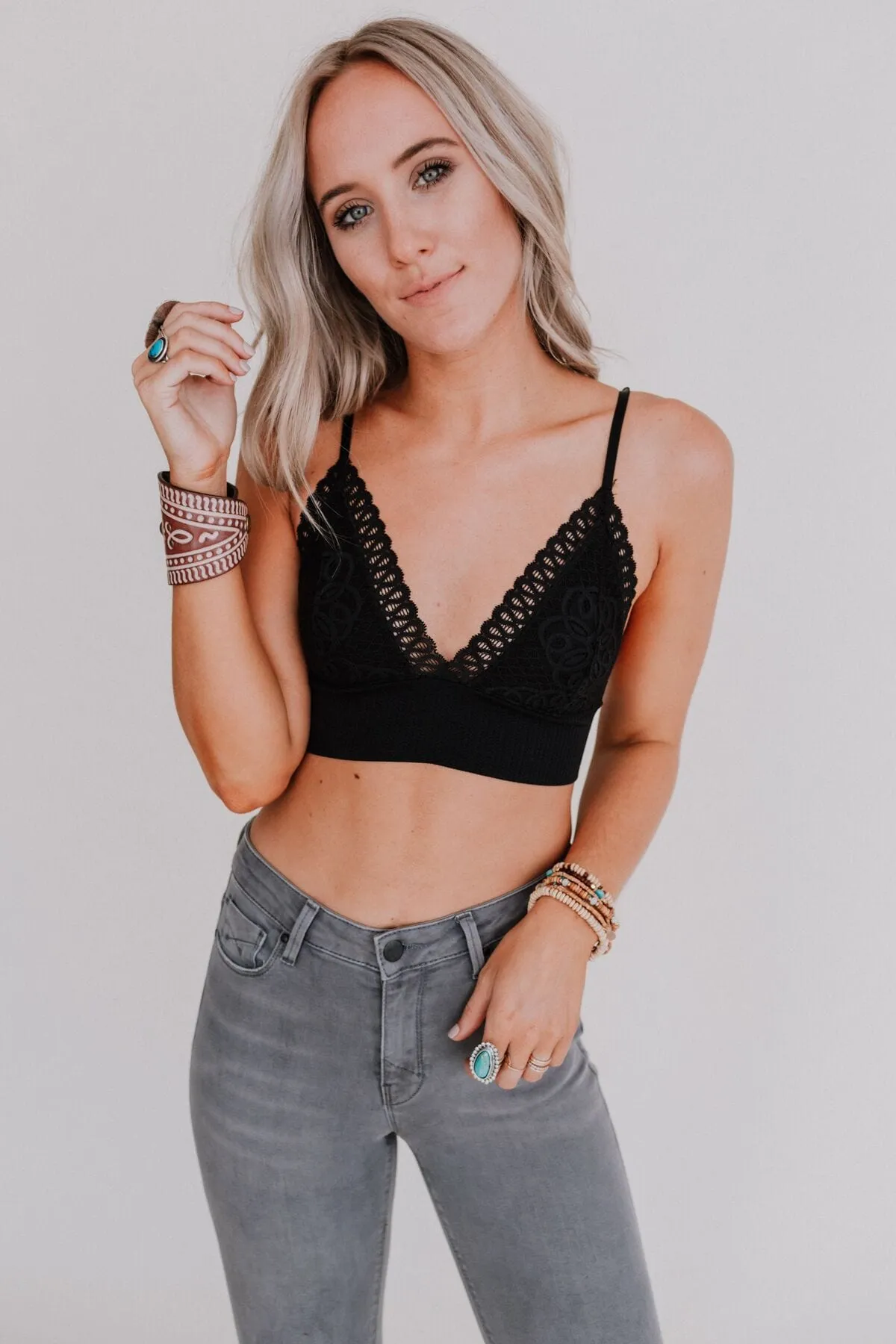 Black Lace Bralette with Waistband Loop - Audra