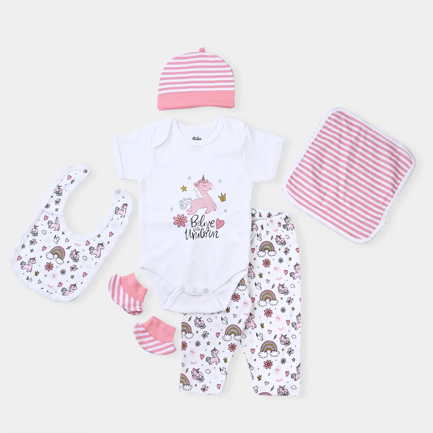 Baby Girls Cotton Poplin 6 Piece Set (Romper/Cap/Bib/Sock/Wash Cloth/Pajama) - Mix