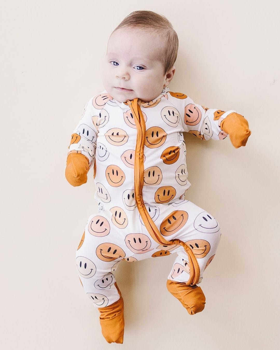 Bamboo Copper Zip Romper with Smiley Pattern