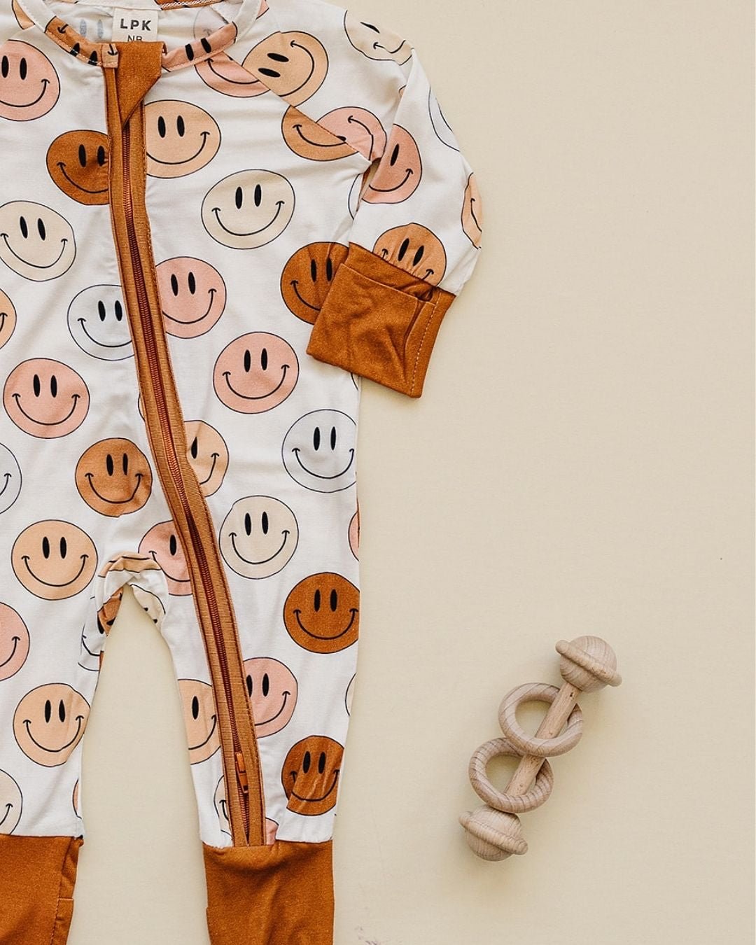 Bamboo Copper Zip Romper with Smiley Pattern