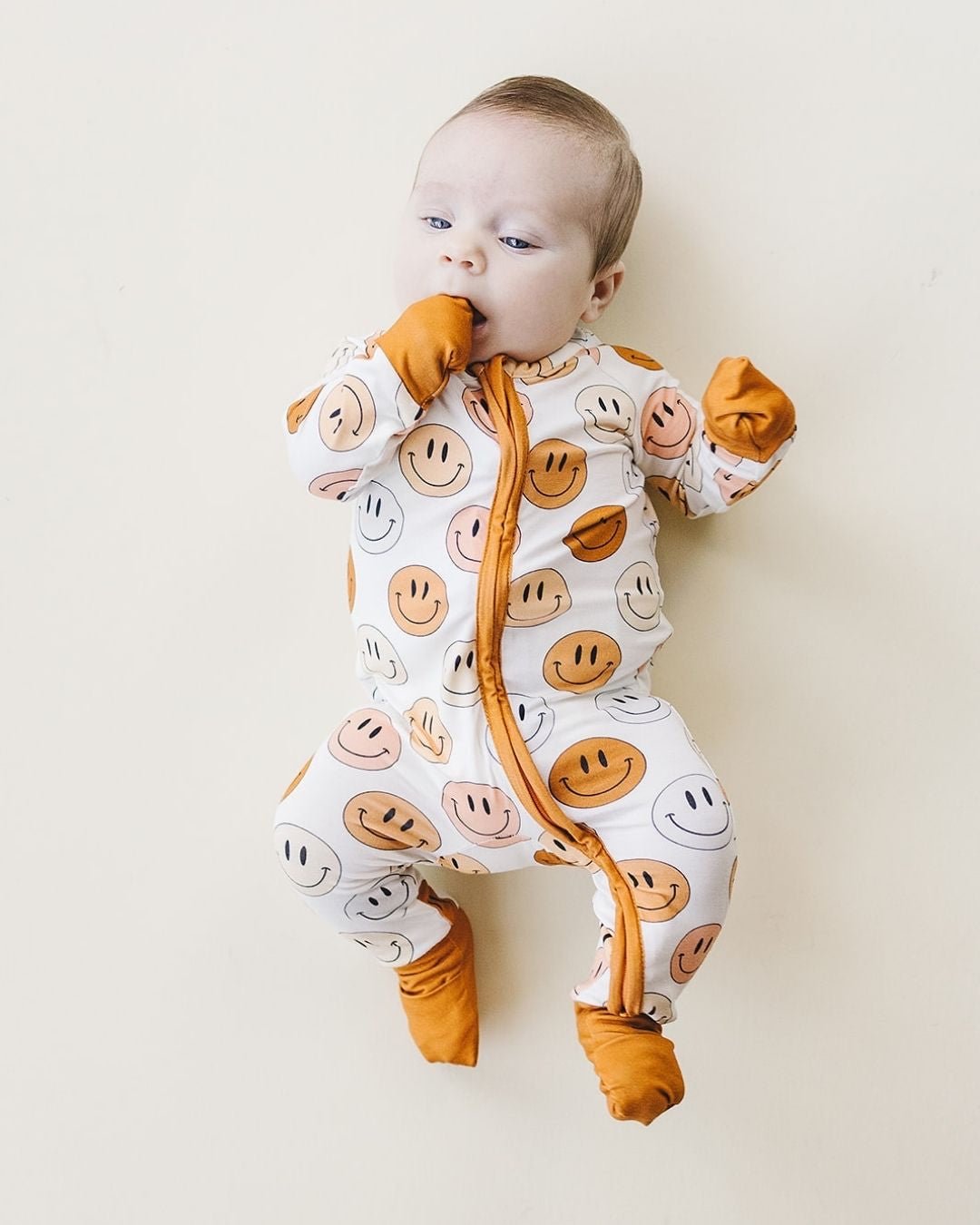 Bamboo Copper Zip Romper with Smiley Pattern