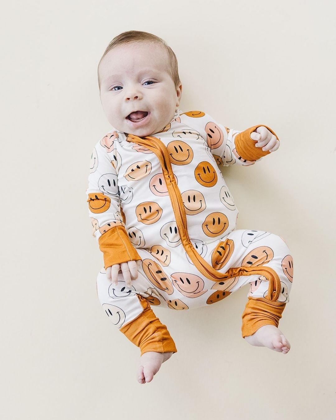 Bamboo Copper Zip Romper with Smiley Pattern