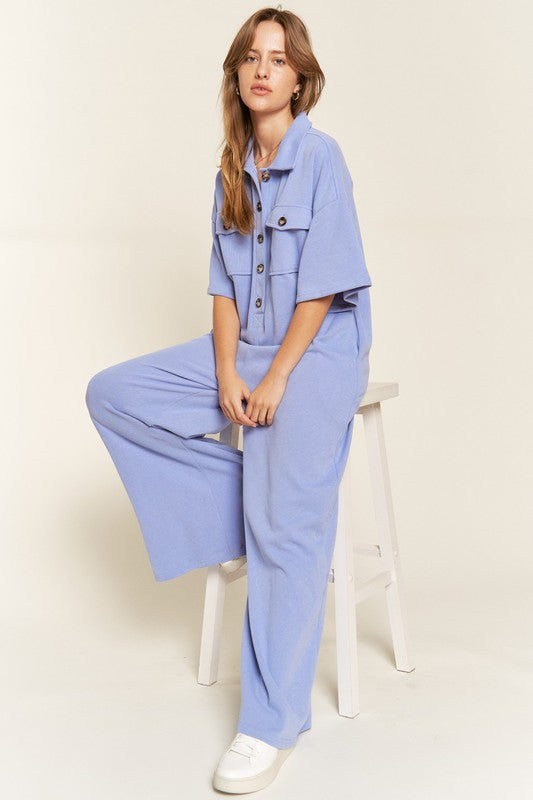 Basic Collar Shirt Wide Leg Jumpsuit for women