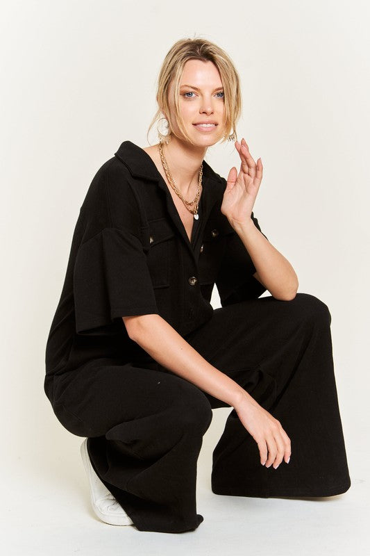 Basic Collar Shirt Wide Leg Jumpsuit for women