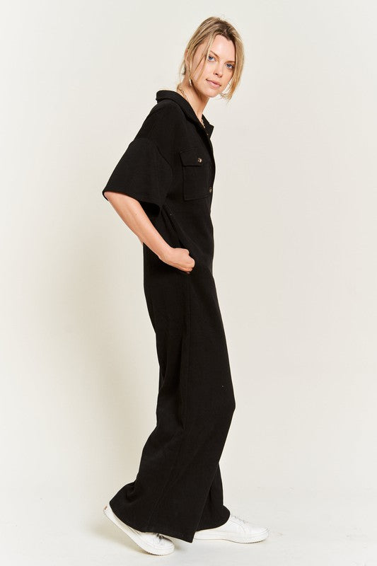 Basic Collar Shirt Wide Leg Jumpsuit for women