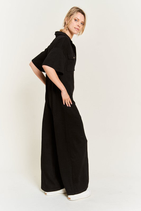 Basic Collar Shirt Wide Leg Jumpsuit for women