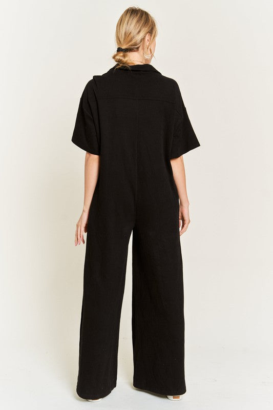 Basic Collar Shirt Wide Leg Jumpsuit for women