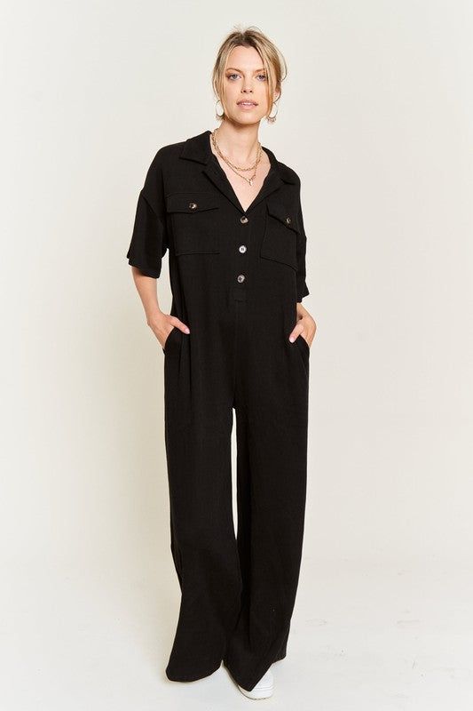 Basic Collar Shirt Wide Leg Jumpsuit for women