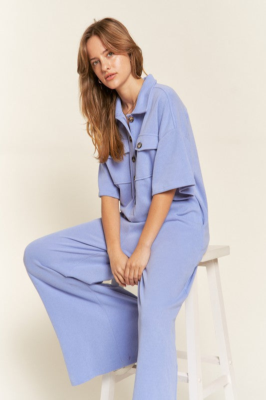 Basic Collar Shirt Wide Leg Jumpsuit for women