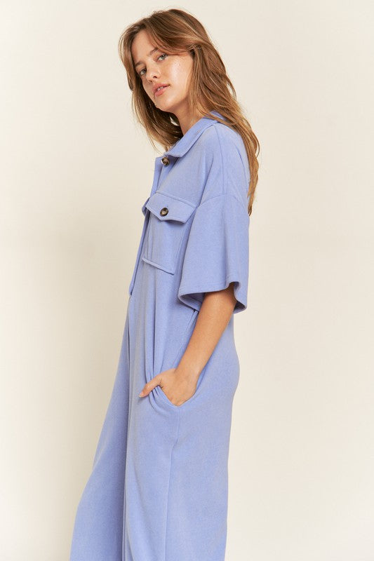 Basic Collar Shirt Wide Leg Jumpsuit for women