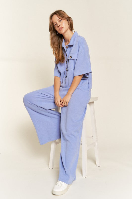 Basic Collar Shirt Wide Leg Jumpsuit for women