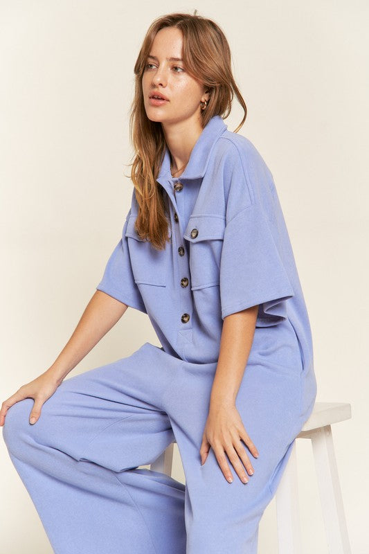 Basic Collar Shirt Wide Leg Jumpsuit for women