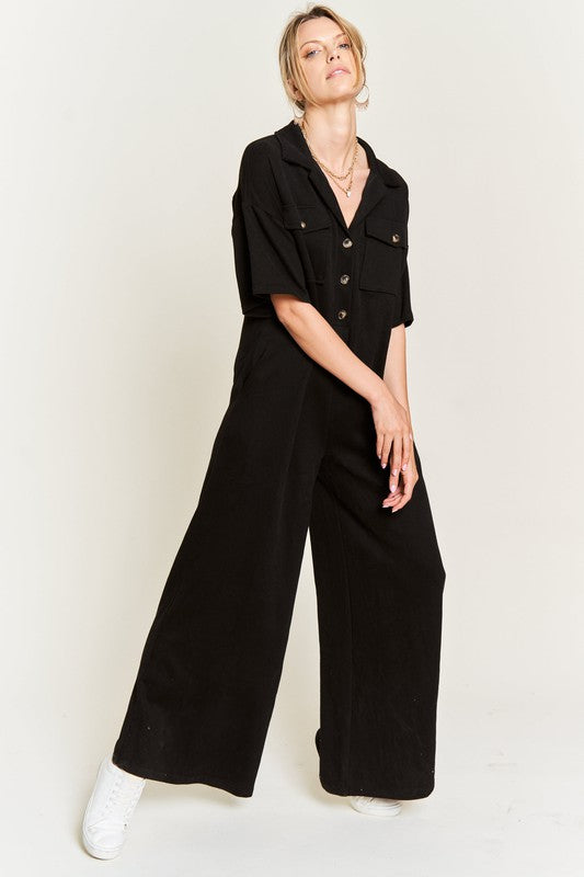 Basic Collar Shirt Wide Leg Jumpsuit for women