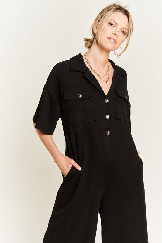 Basic Collar Shirt Wide Leg Jumpsuit for women