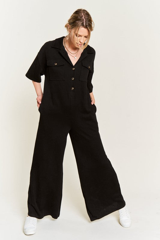 Basic Collar Shirt Wide Leg Jumpsuit for women