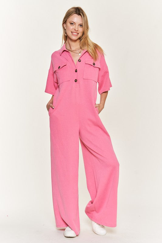 Basic Collar Shirt Wide leg Jumpsuit - Shop Now