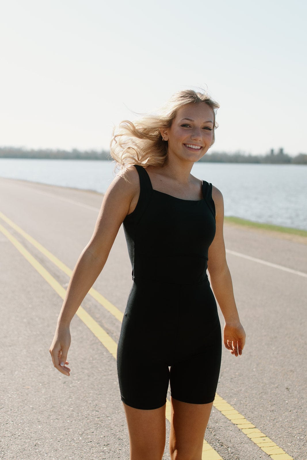 Black Athletic Romper with Paneled Waist