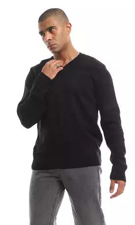 Black Classic Knitted V-Neck Long Sleeved Plain Pullover