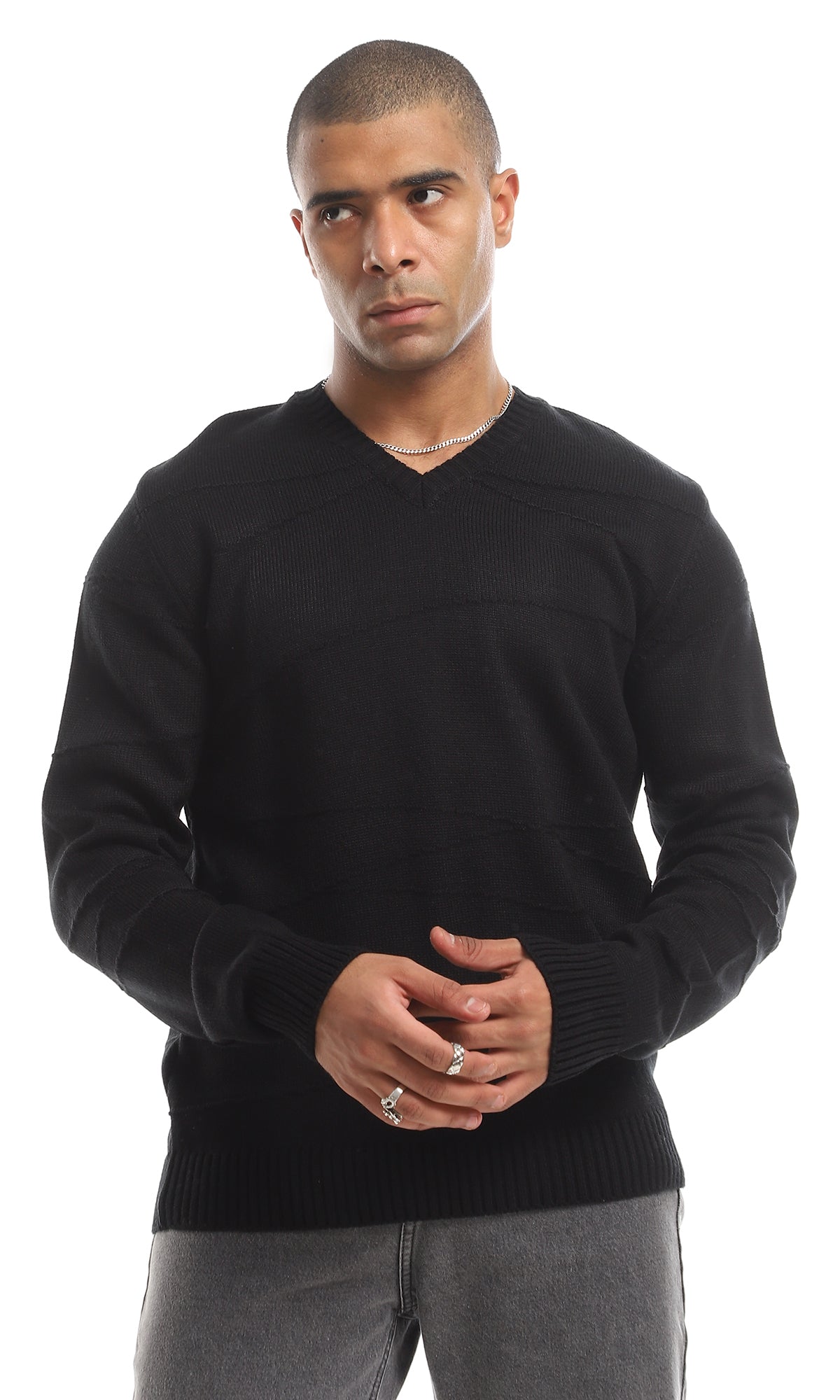 Black Classic Knitted V-Neck Long Sleeved Plain Pullover