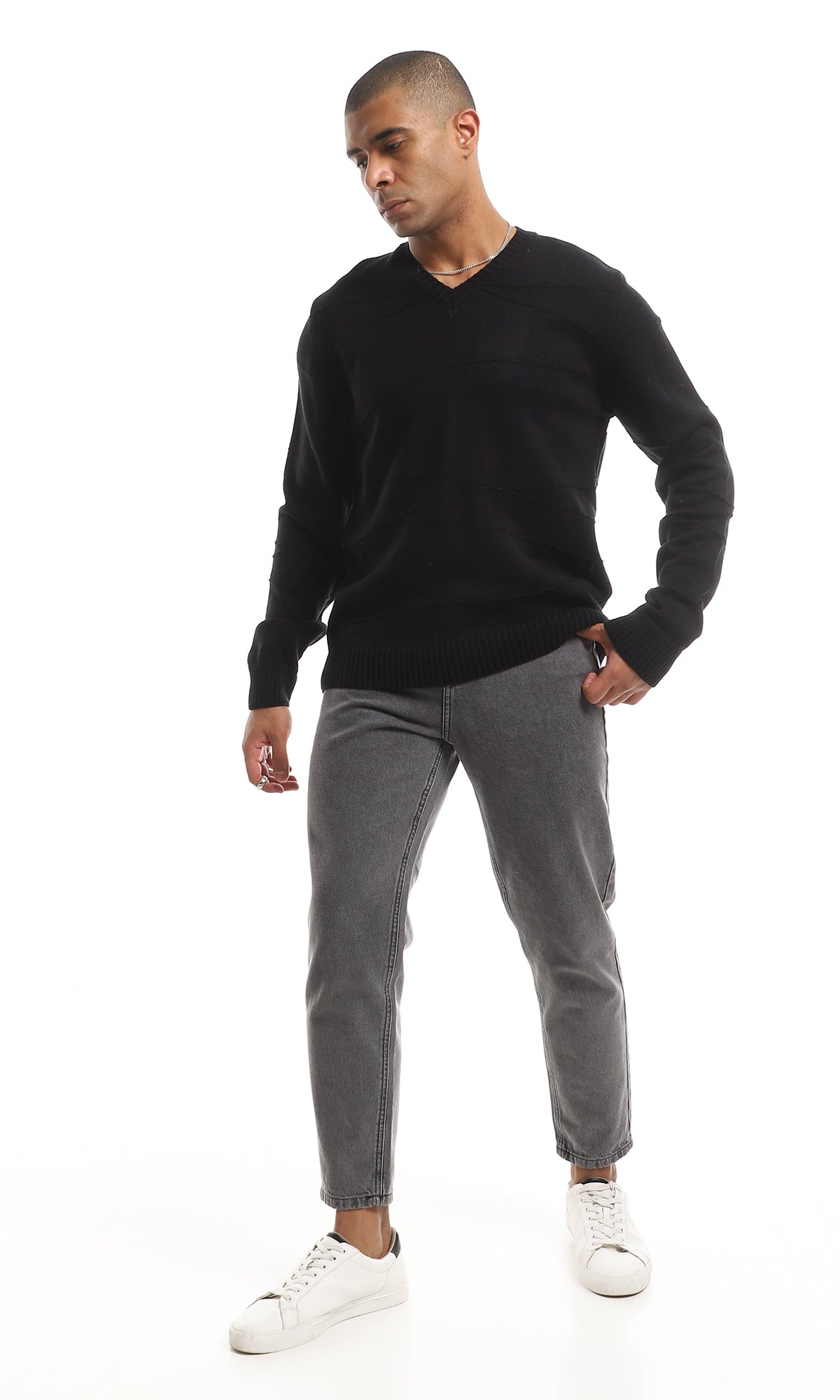 Black Classic Knitted V-Neck Long Sleeved Plain Pullover