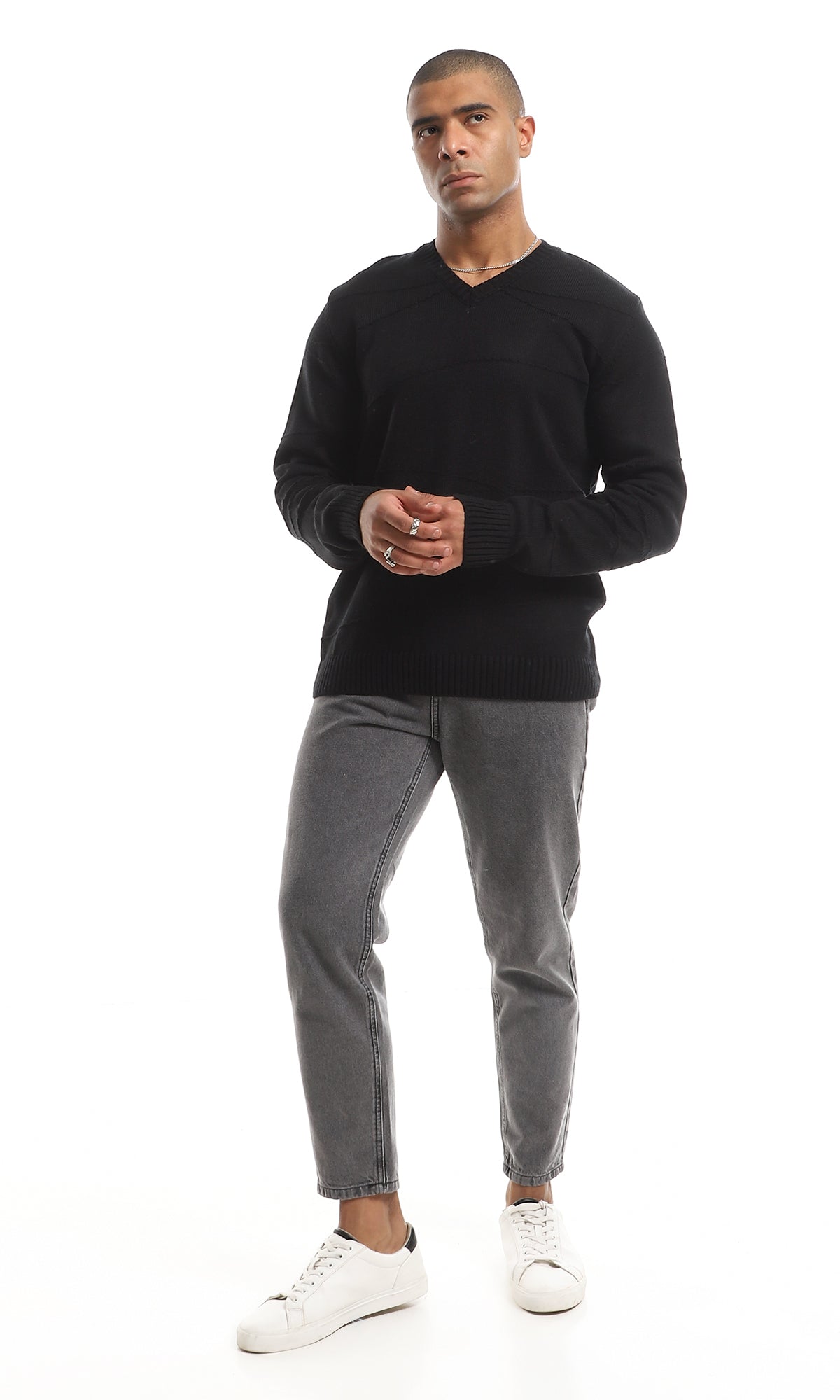 Black Classic Knitted V-Neck Long Sleeved Plain Pullover