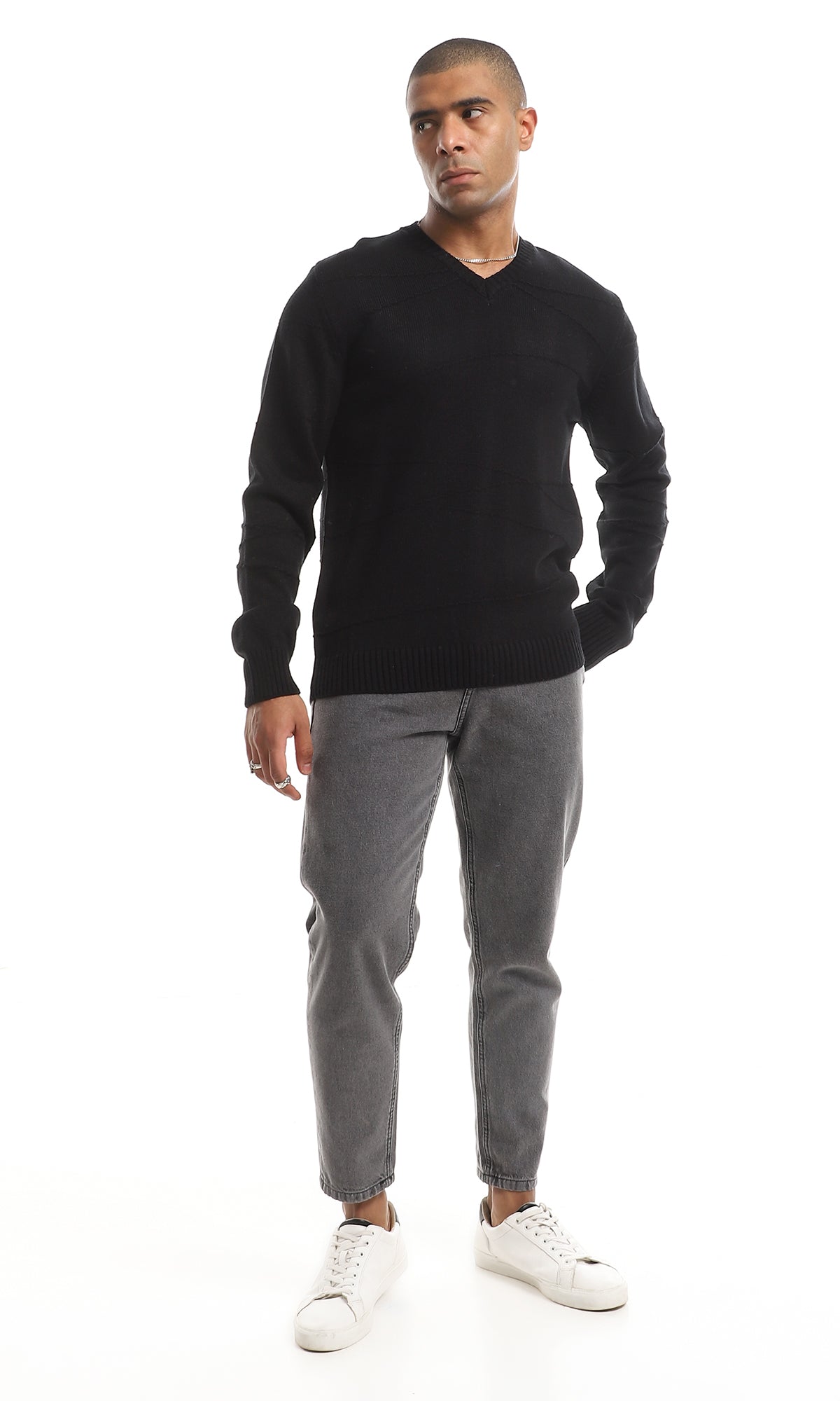 Black Classic Knitted V-Neck Long Sleeved Plain Pullover