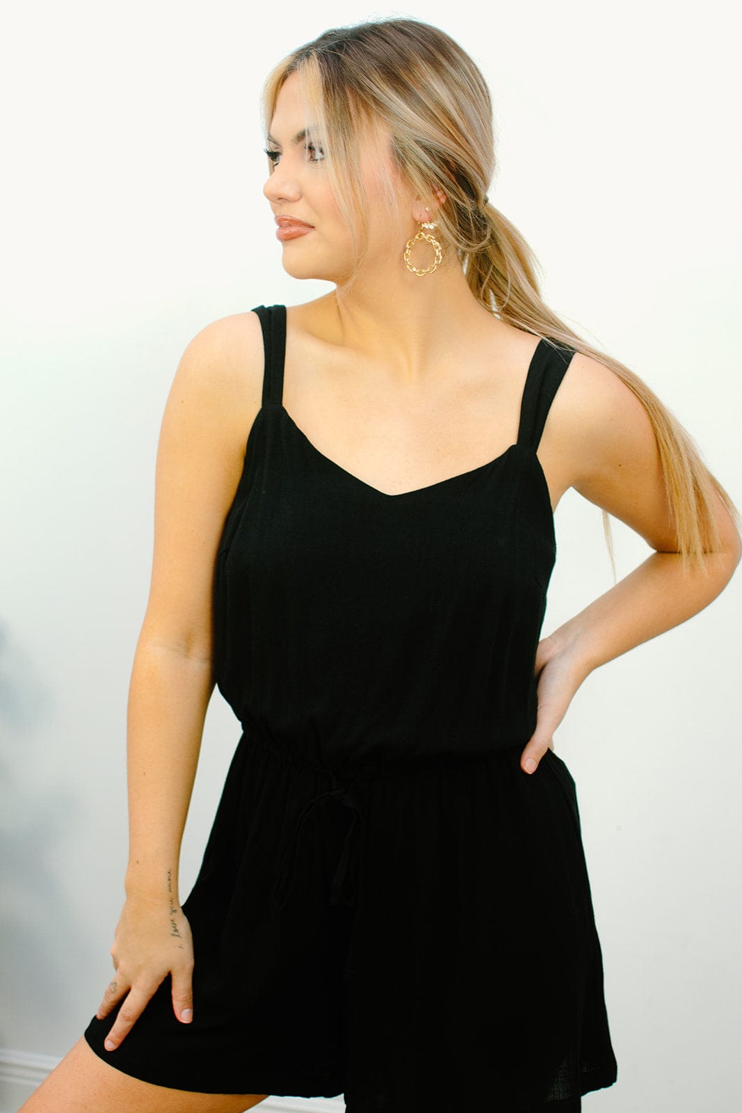 Black V-Neck Bodysuit with Adjustable Drawstring