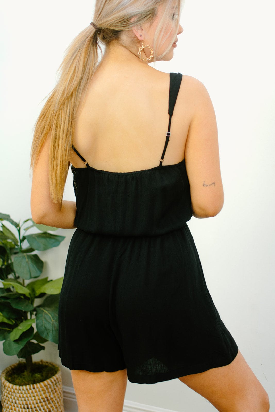 Black V-Neck Bodysuit with Adjustable Drawstring