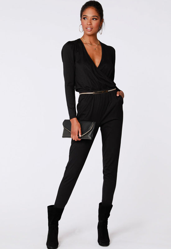 Bobi jumpsuit, black surplice jumpsuit, shirred sleeve jumpsuit