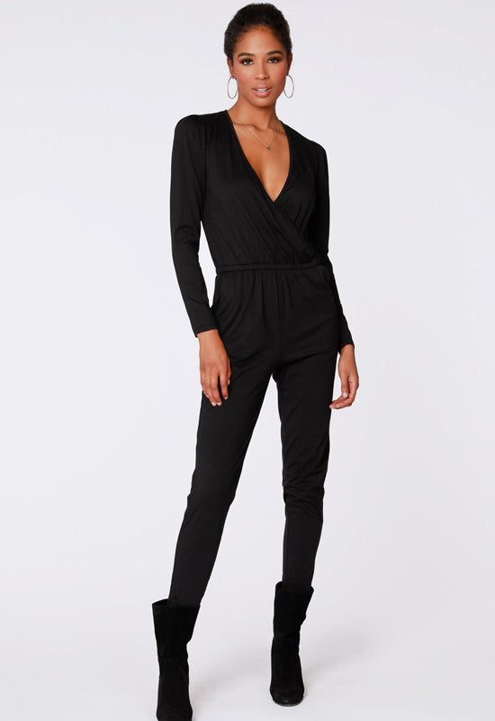 Bobi jumpsuit, black surplice jumpsuit, shirred sleeve jumpsuit