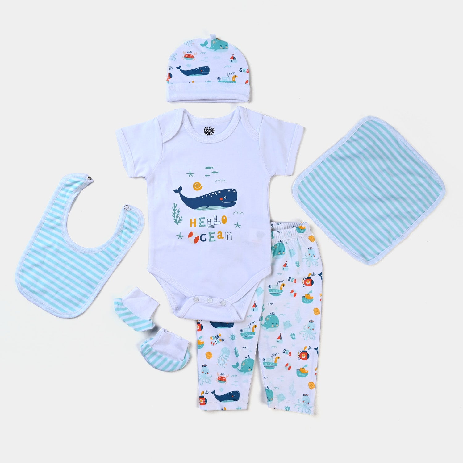 Boys Cotton Poplin 6 Piece Set for Infants - Romper, Pajama, Wash Cloth, Cap, Bib, Socks