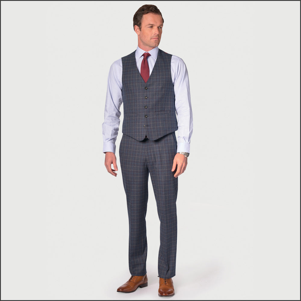 Brook Taverner blue waistcoat with wine overcheck suit