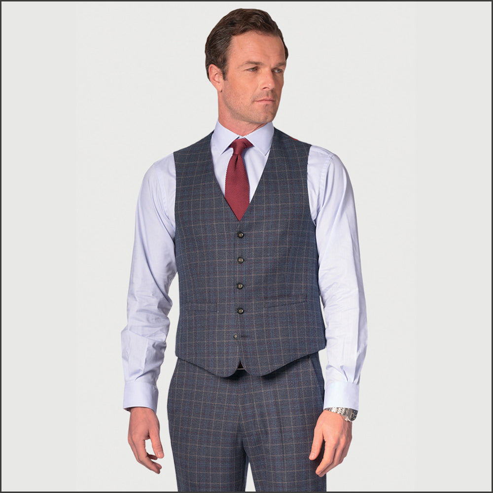 Brook Taverner blue waistcoat with wine overcheck suit