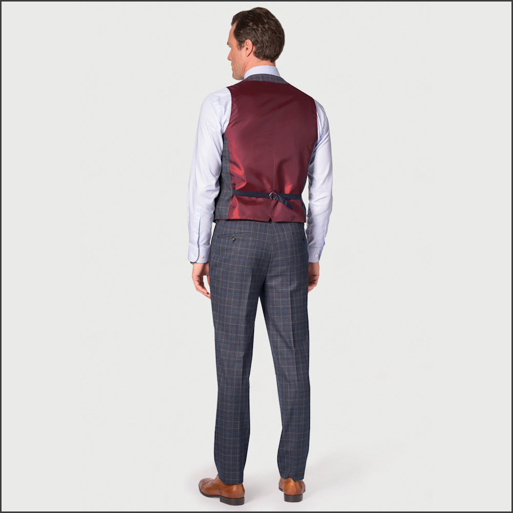 Brook Taverner blue waistcoat with wine overcheck suit