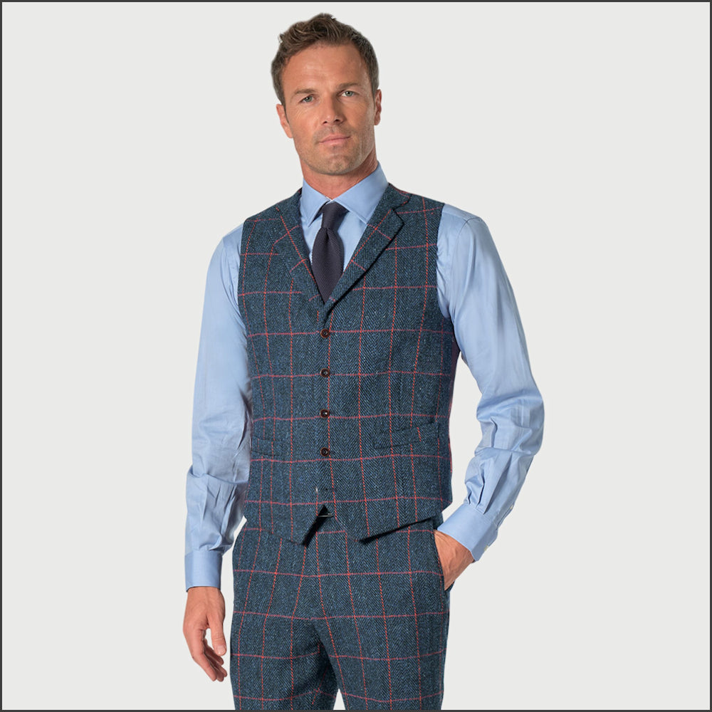 Brook Taverner Inverness Blue Check Harris Tweed Suit Waistcoat