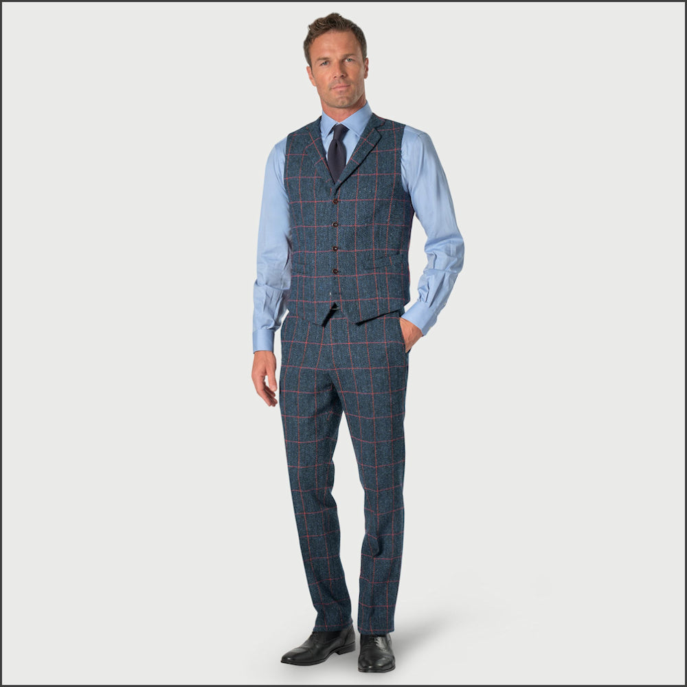 Brook Taverner Inverness Blue Check Harris Tweed Suit Waistcoat