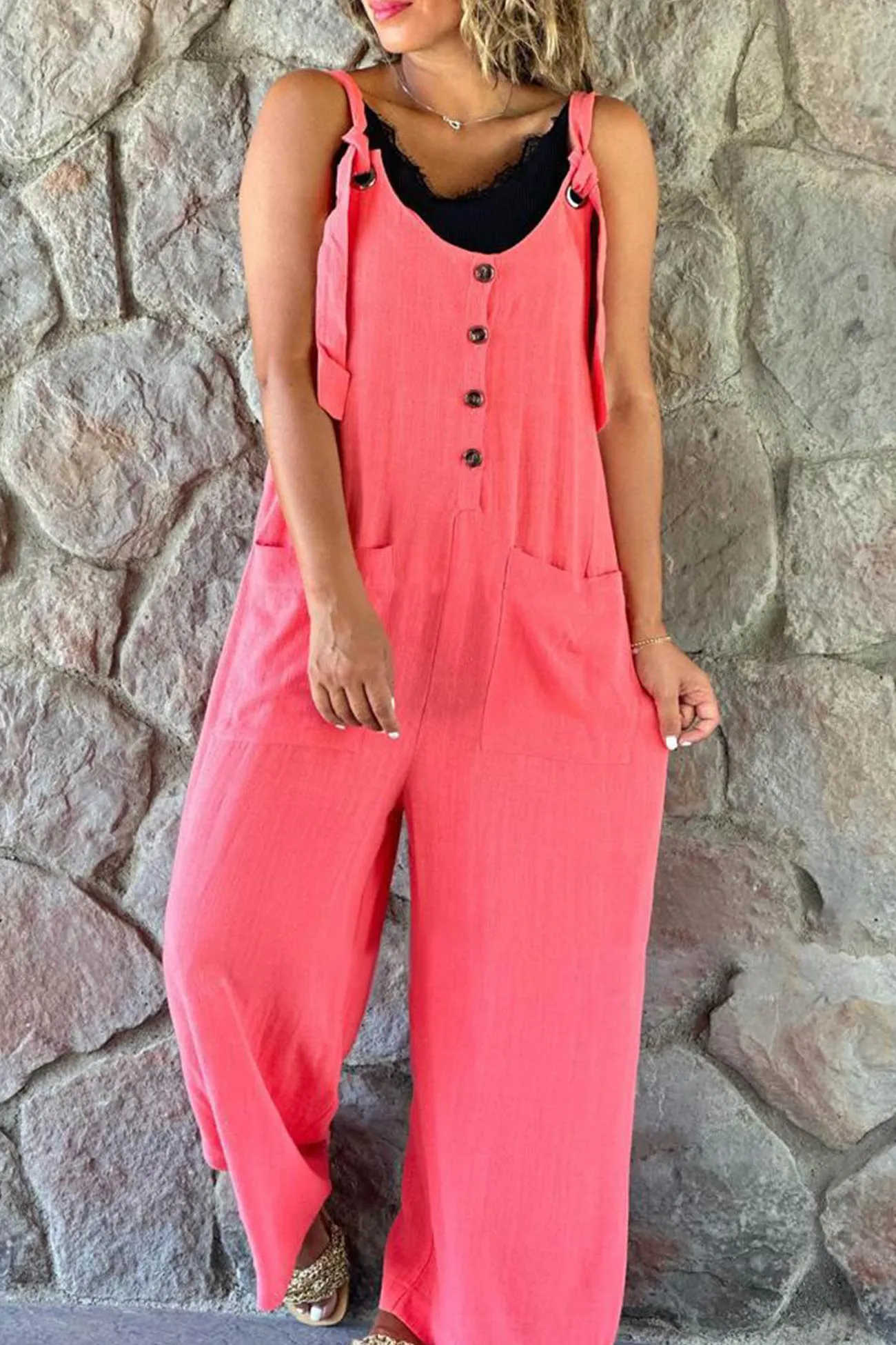 Solid Jumpsuits with Button Straps