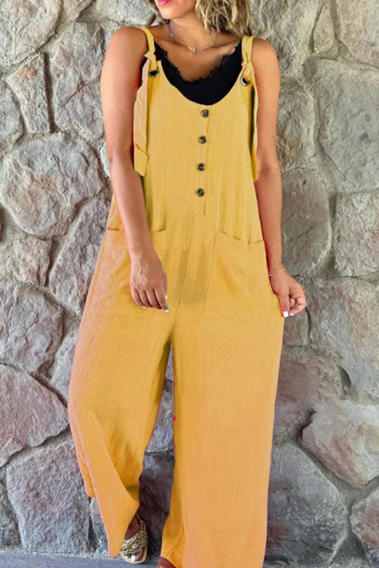 Solid Jumpsuits with Button Straps