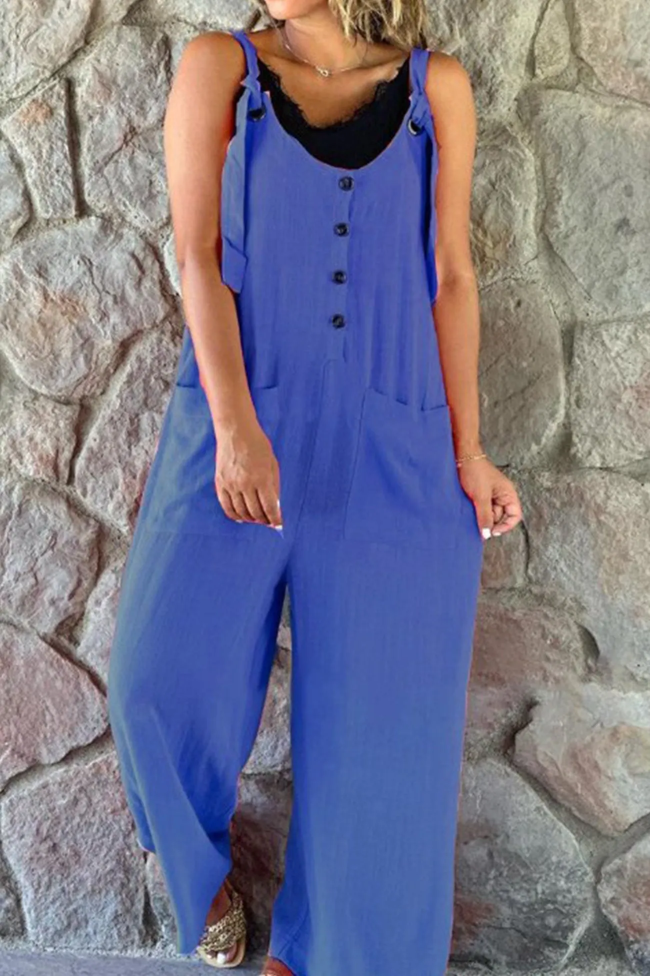 Solid Jumpsuits with Button Straps