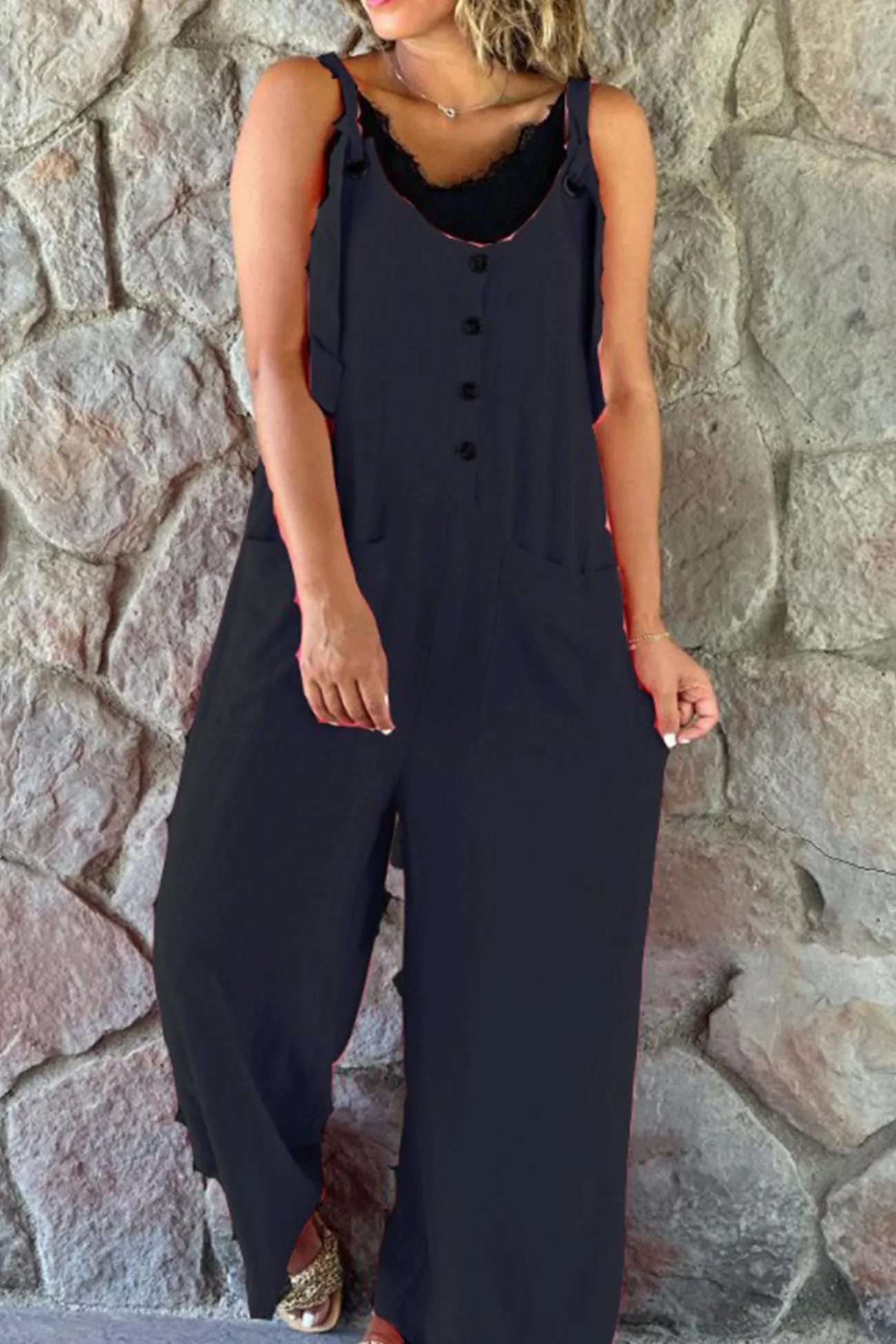 Solid Jumpsuits with Button Straps