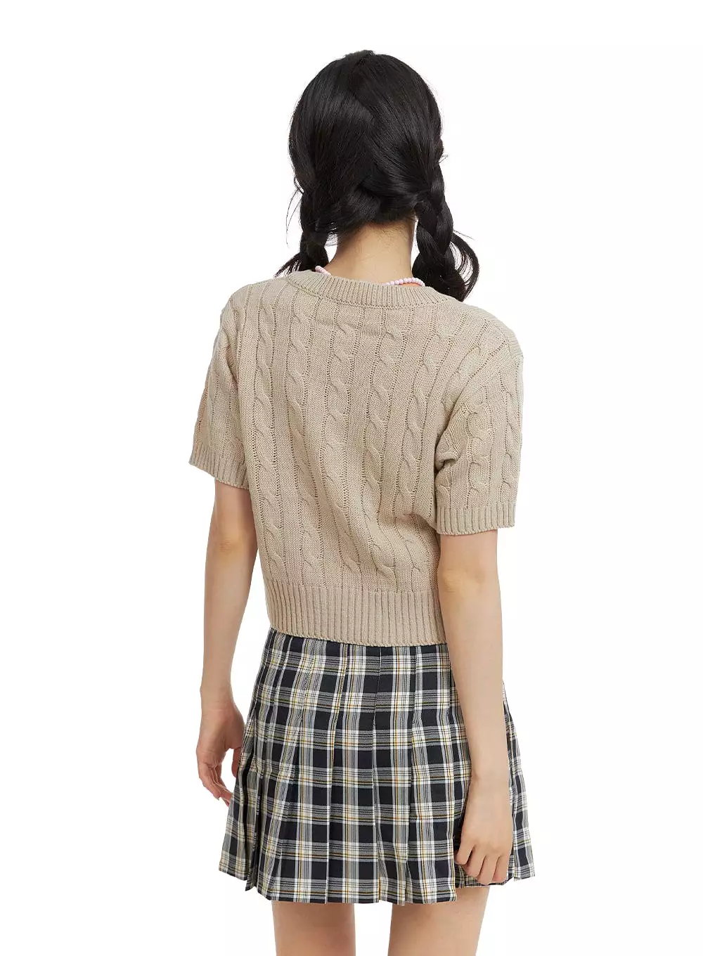 Cable Knit V-Neck Short Sleeved Sweater - OM420