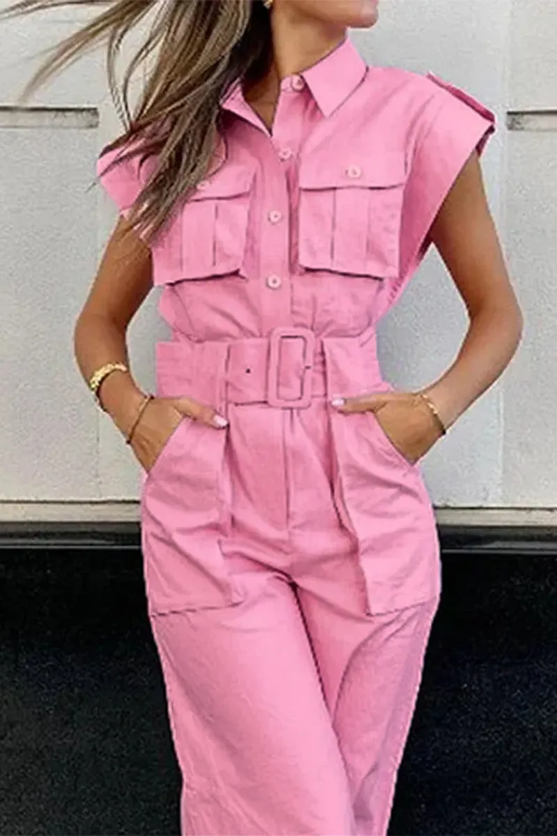 Solid Pocket Turndown Collar Jumpsuit