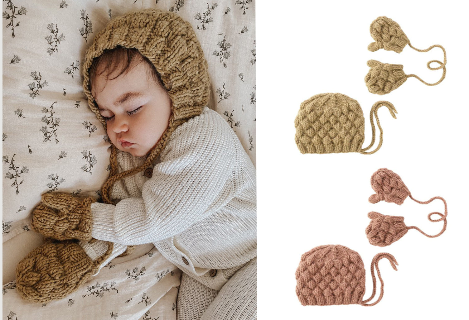 Chloe Set: Hand-Knitted Bonnet and Matching Mittens & Gloves - Cream or Dusty Color