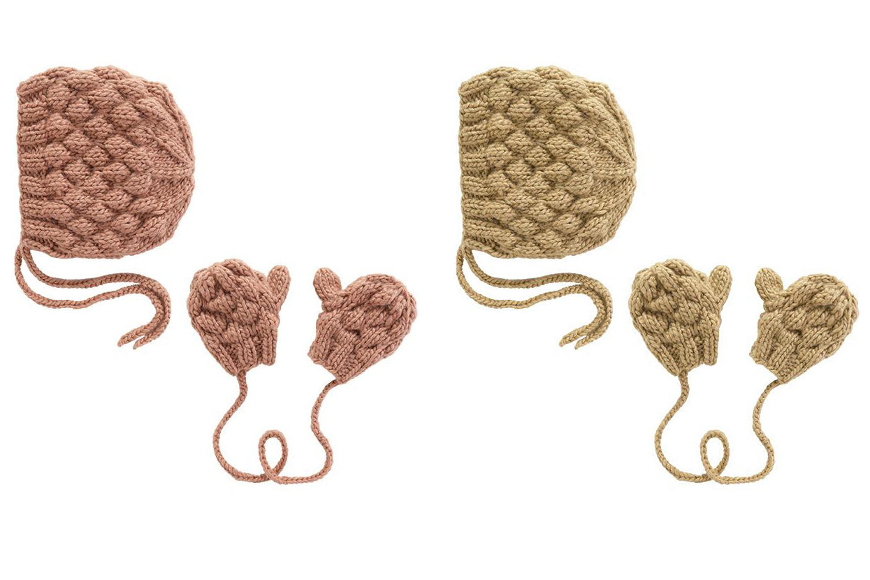 Chloe Set: Hand-Knitted Bonnet and Matching Mittens & Gloves - Cream or Dusty Color