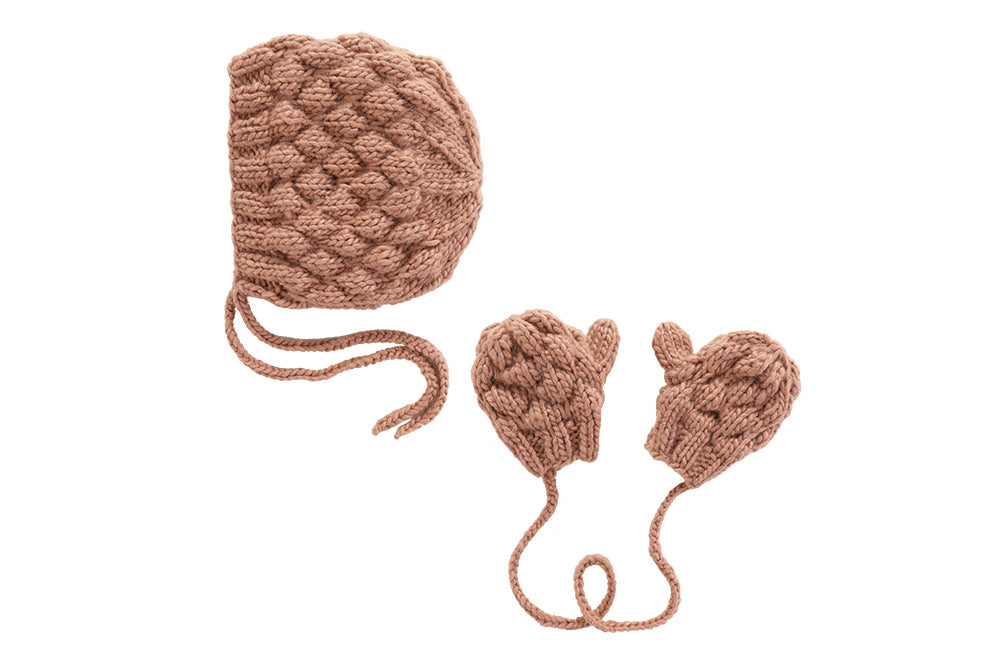 Chloe Set: Hand-Knitted Bonnet and Matching Mittens & Gloves - Cream or Dusty Color