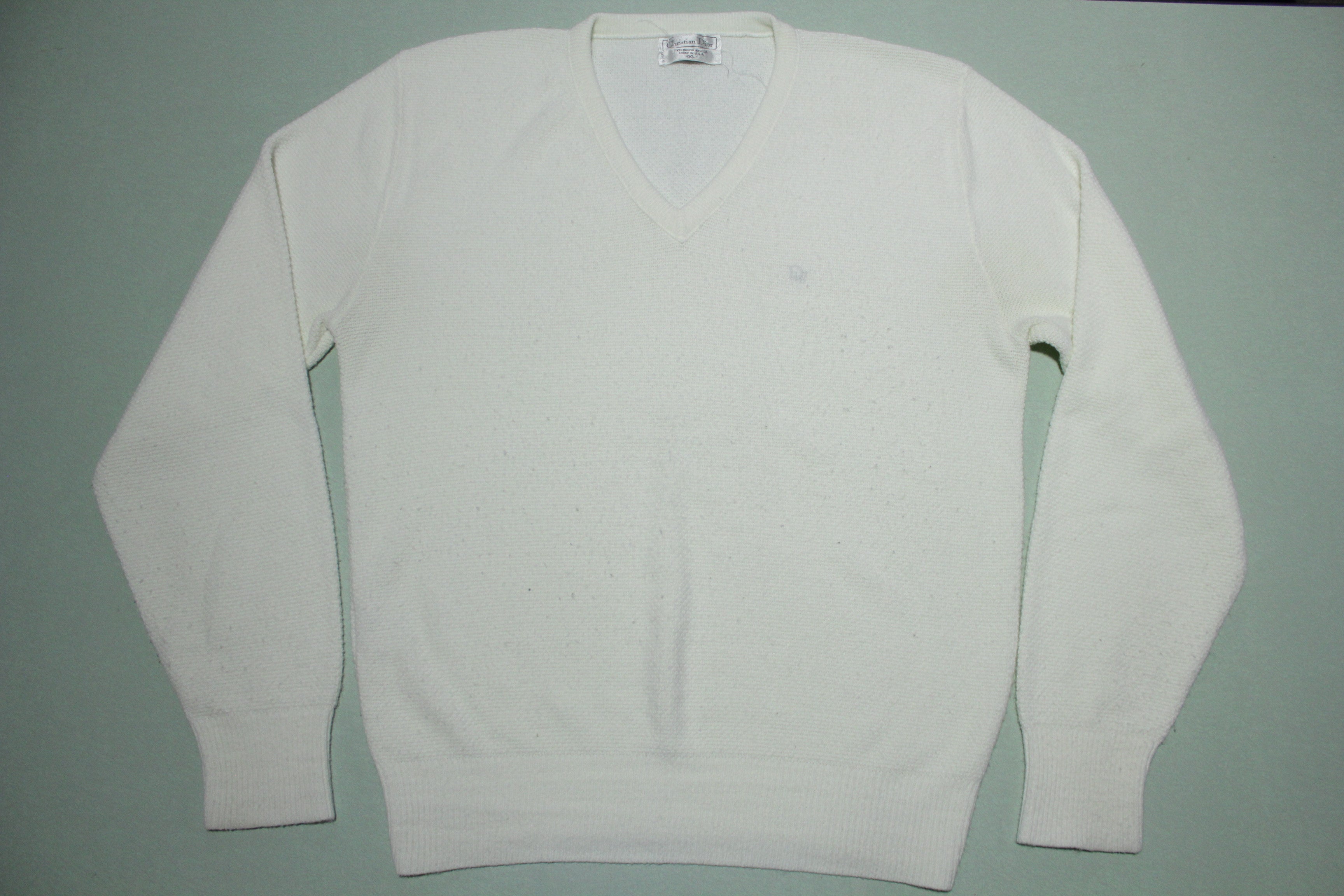 Christian Dior Vintage 80s 90s V-Neck Cream White Knit Sweater Made in USA