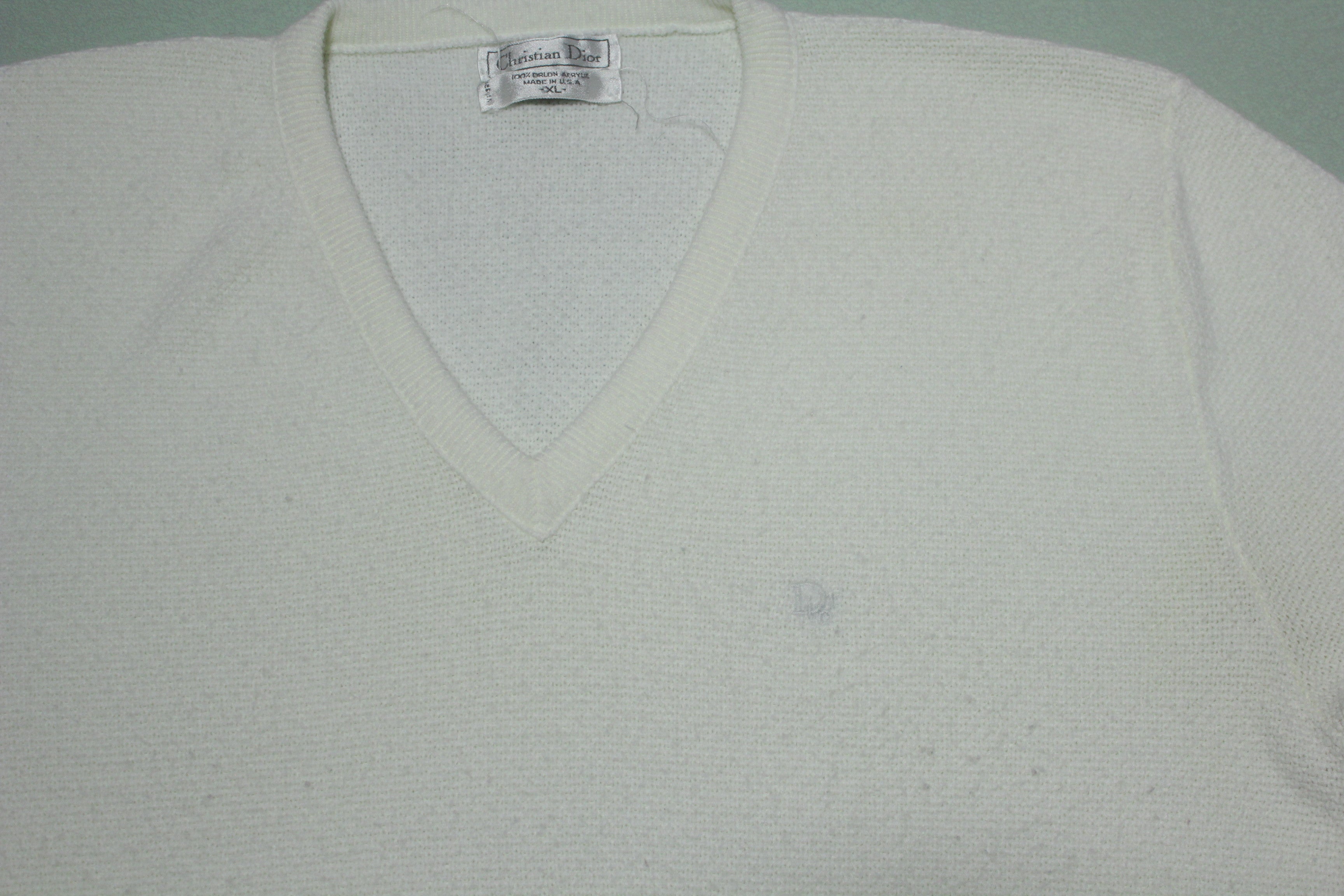 Christian Dior Vintage 80s 90s V-Neck Cream White Knit Sweater Made in USA