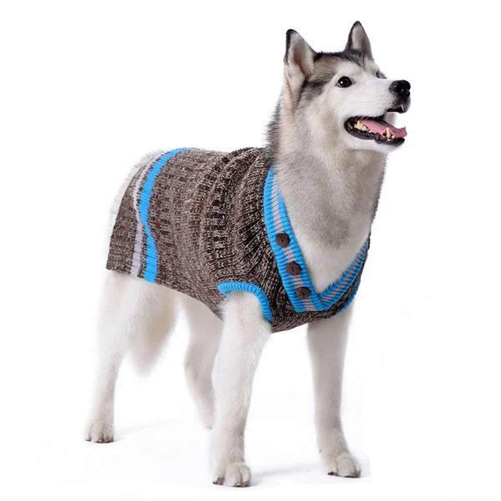 City V-Neck Dog Sweater - Brown with Blue Trim by Dogo