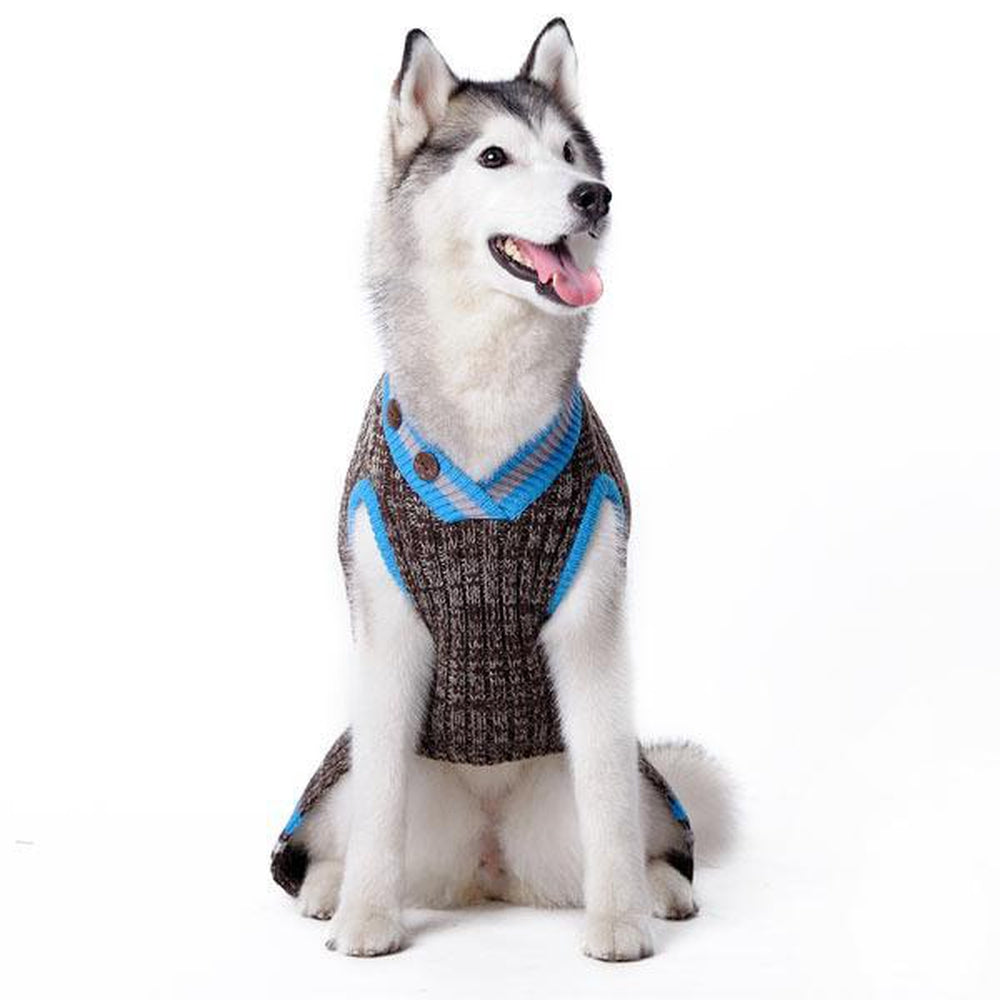 City V-Neck Dog Sweater - Brown with Blue Trim by Dogo